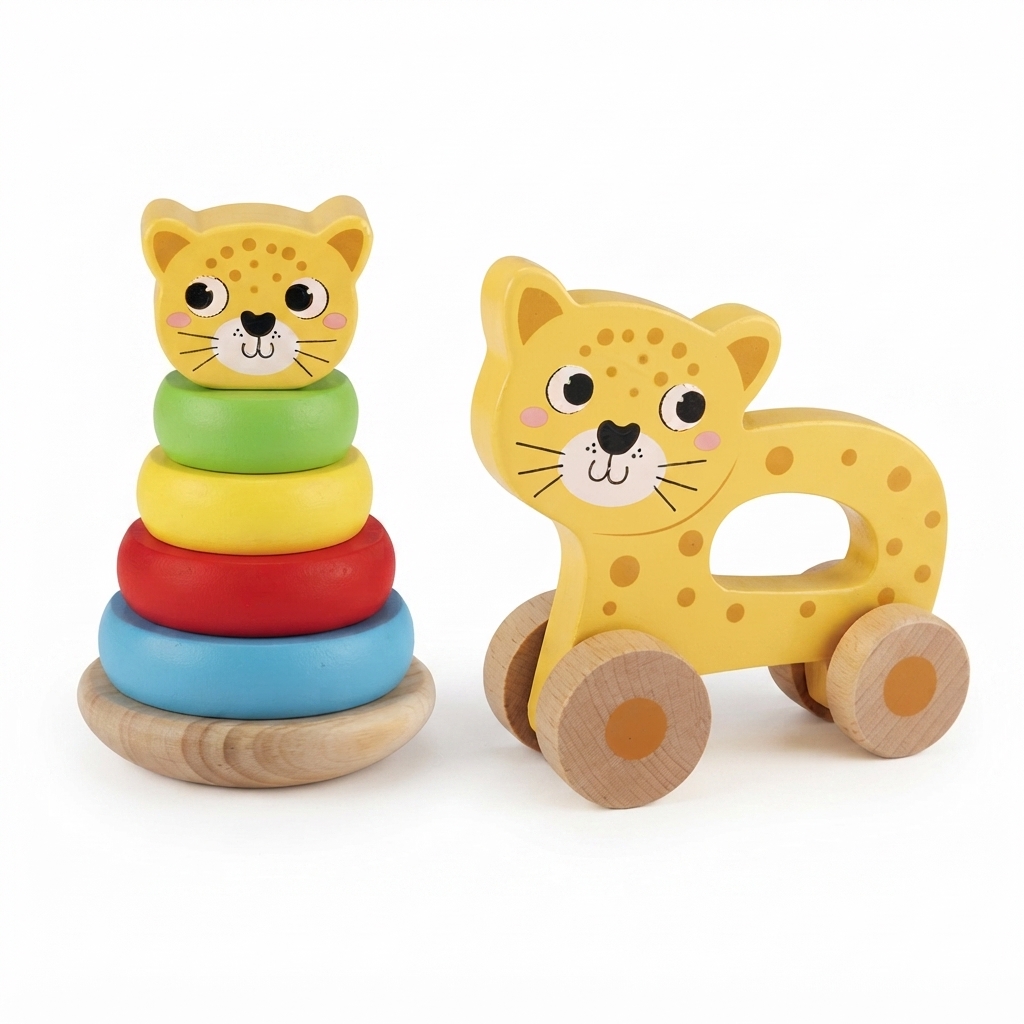מגדל טבעות מתנדנד מעץ 6 חלקים + צעצוע דחיפה מתגלגל